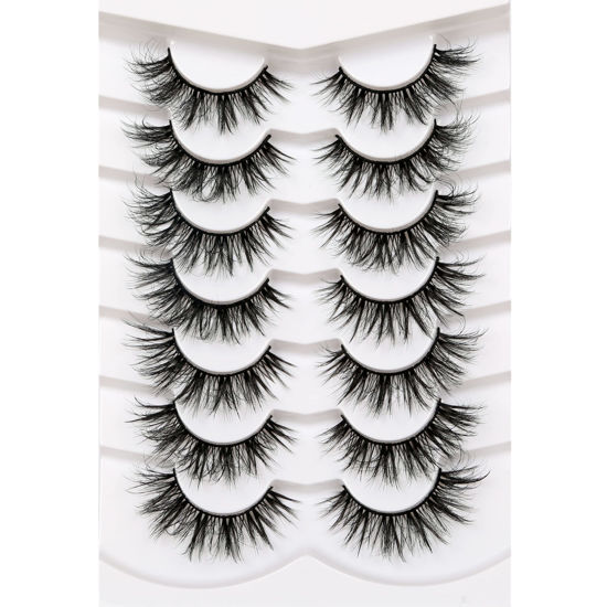 Picture of Pooplunch False Eyelashes Wispy Mink Lashes Cat Eye Look 8D Volume Fluffy Natural Fake Eyelash Faux Mink Lashes 7 Pairs Pack