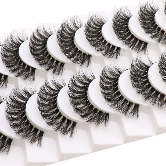 Picture of Veleasha Russian Strip Lashes with Clear Band Looks Like Eyelash Extensions D Curl Lash Strips 10 Pairs Pack (DT03)