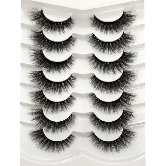 Picture of Pooplunch False Eyelashes Cat Eye Wispy Faux Mink Lashes Pack Fluffy Short Natural Fake Lashes 7 Pairs Multipack