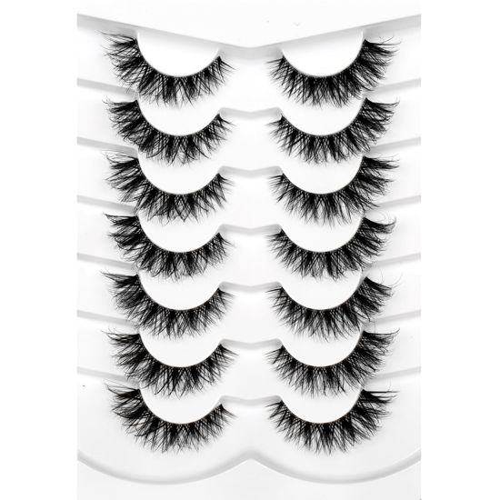 Picture of Pooplunch False Eyelashes Cat Eye Look Natural Wispy Lashes Fluffy Short 8D Faux Mink Lashes Wispies Fake Eyelashes Strips 7 Pairs Pack