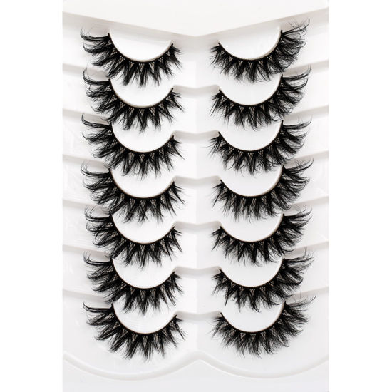 Picture of Poolunch False Eyelashes Fluffy Cat Eye Look 8D Crossed Wispy Natural Faux Mink Lashes Fake Eyelashes 7 Pairs Pack