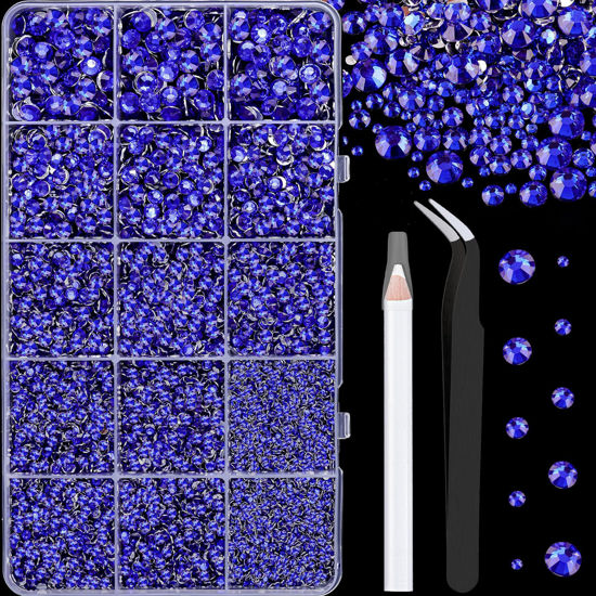 Picture of 16000Pcs Resin Rhinestones with Tweezers for Crafting, Royal Blue 2-6mm Mixed Sizes Flatback Gems, Bedazzling Crystal for DIY Crafts Clothing Tumblers Mugs Shoes Fabric Nail Art