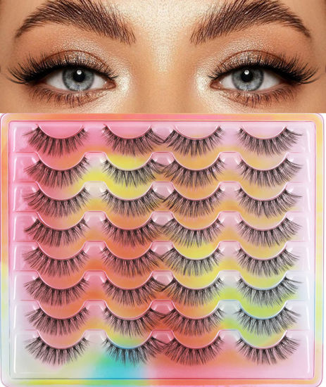 Picture of False Eyelashes Natural Look Clear Band Mink Lashes Fluffy 5D Cat Eye Lashes Wispy Faux Mink Strip Lashes Pack by Kiromiro