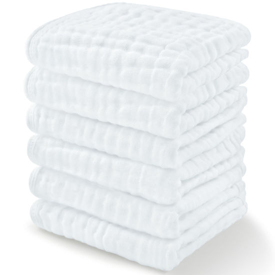 Picture of Baby Washcloths, Muslin Cotton Towels, Large 10”x10” Wash Cloths Soft on Sensitive Skin, Absorbent for Boys & Girls, Newborn Baby & Toddlers Essentials Shower Registry Gift (White, Pack of 6)