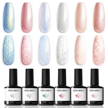 Picture of modelones Pearl Gel Nail Polish, 6 Colors Shimmer Glitter Iridescent White Nude Blue Pink Mermaid Nail Drawing Soak Off Gel Polish Swirl Shell Thread Effect Gift DIY at Home with Dotting Pen