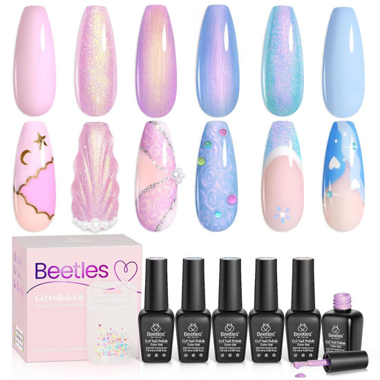 Picture of Beetles Pearl Gel Nail Polish Set 6 Colors, Blue Shimmer Gel Polish Pink Purple Mermaid, Nail Drawing Soak Off Uv Led Swirl Gel Polish Shell Thread Gift for Women