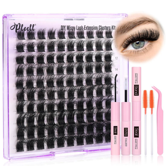 Picture of Fluffy Lash Extension Kit Wispy Lash Clusters Kit 10-18MM Eyelash Extension Kit With Lash Bond and Seal and Tweezers and Brush 100Pcs Individual Lashes D Curl Cluster Eyelash Extensions by Pleell