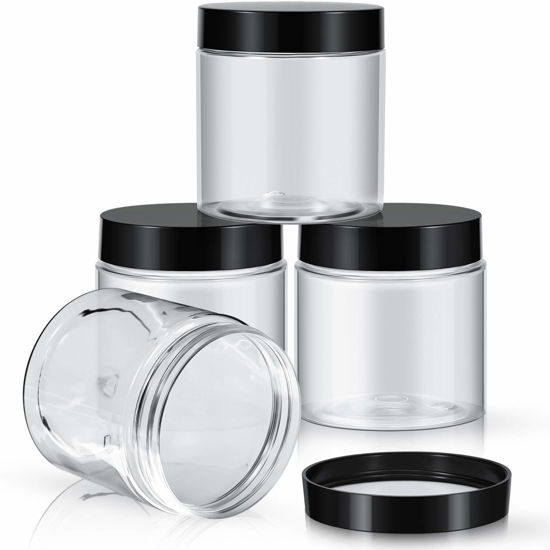 Picture of 4 Pieces Round Clear Wide-mouth Leak Proof Plastic Container Jars with Lids for Travel Storage Makeup Beauty Products Face Creams Oils Salves Ointments DIY Making or Others (Black, 8 Ounce)