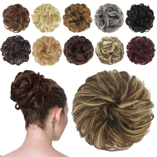 Picture of FESHFEN Messy Bun Hair Piece Hair Bun Scrunchies Hairpieces for Women Synthetic Wavy Curly Chignon Ponytail Hair Extensions Thick Updo Hairpiece for Daily Wear 1PCS, Blonde & Medium Brown