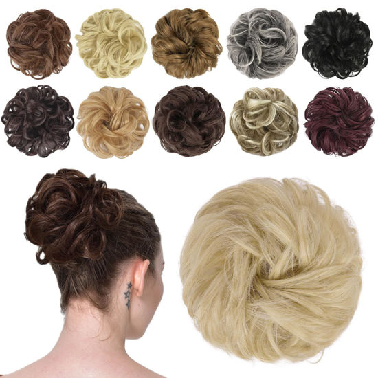 Picture of FESHFEN Messy Hair Bun Hair Pieces Elastic Wavy Curly Hair Bun Scrunchies Extensions Synthetic Chignon Hairpieces for Women Girls, Ash Blonde 1 PCS