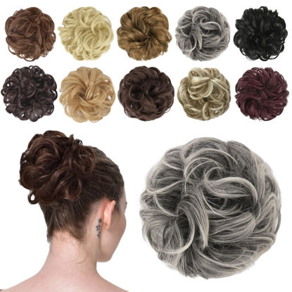 Picture of FESHFEN Messy Hair Bun Hair Pieces Elastic Wavy Curly Hair Bun Scrunchies Extensions Synthetic Chignon Hairpieces for Women Girls, Gray and White Tips 1 PCS