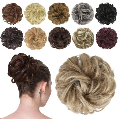 Picture of FESHFEN Messy Hair Bun Hair Pieces Elastic Wavy Curly Hair Bun Scrunchies Extensions Synthetic Chignon Hairpieces for Women Girls, Mixed Blonde and Ash Blonde Tips 1 PCS