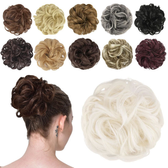 Picture of FESHFEN Messy Hair Bun Hair Pieces Elastic Wavy Curly Hair Bun Scrunchies Extensions Synthetic Chignon Hairpieces for Women Girls, White Blonde 1 PCS