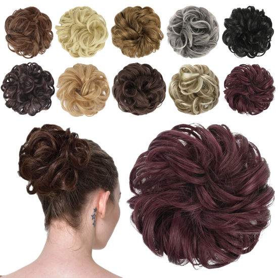 Picture of FESHFEN Messy Bun Hair Piece Hair Bun Scrunchies Synthetic Wine Red Wavy Curly Burgundy Chignon Ponytail Hair Extensions Thick Updo Hairpieces for Women Girls 1PCS