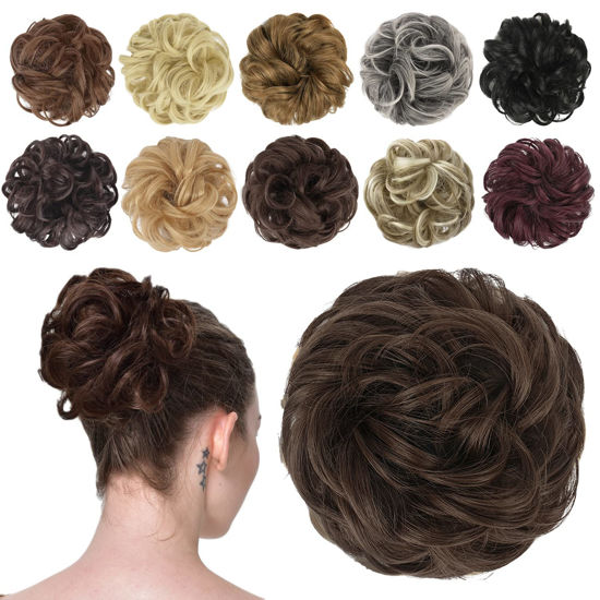 Picture of FESHFEN Messy Bun Hair Piece Hair Bun Scrunchies Synthetic Medium Chestnut Brown Wavy Curly Chignon Ponytail Hair Extensions Thick Updo Hairpieces for Women Girls 1PCS