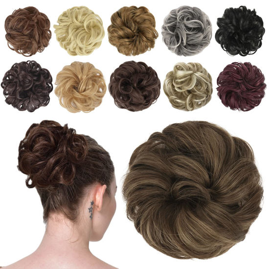 Picture of FESHFEN Messy Hair Bun Hair Pieces Elastic Wavy Curly Hair Bun Scrunchies Extensions Synthetic Chignon Hairpieces for Women Girls, Ash Brown Mix Blonde 1 PCS