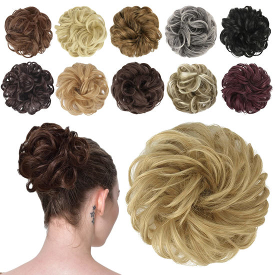 Picture of FESHFEN Messy Bun Hair Piece Hair Bun Scrunchies Synthetic Light Gloden Blonde Wavy Curly Chignon Ponytail Hair Extensions Thick Updo Hairpieces for Women Girls 1PCS