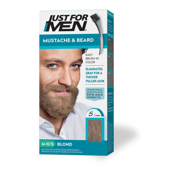 Picture of Just For Men Mustache & Beard, Beard Dye for Men with Brush Included for Easy Application, With Biotin Aloe and Coconut Oil for Healthy Facial Hair - Blond, M-10/15, Pack of 1