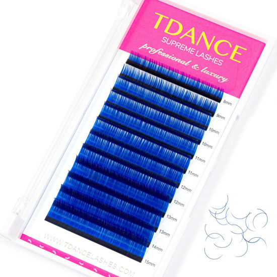 Picture of TDANCE Colorful lashes extension CC Curl 0.07mm Thickness Semi Permanent Individual Eyelash Extensions Silk Volume Lashes Professional Salon Use Mixed 8-15mm Length In One Tray (Blue,CC-0.07,8-15mm)