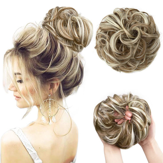 Picture of CJL HAIR Large Messy Bun Hair Piece Wavy Curly Scrunchies Synthetic Chignon Ponytail Hair Extensions Thick Updo Hairpieces for Women (Wavy, Curly, Greenish Brown/Beach Blonde)