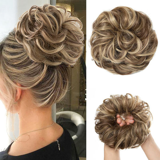 Picture of CJL HAIR Large Messy Bun Hair Piece Wavy Curly Scrunchies Synthetic Chignon Ponytail Hair Extensions Thick Updo Hairpieces for Women (Brunette/Ash Blonde)