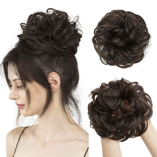 Picture of CJL HAIR Large Messy Bun Hair Piece Wavy Curly Scrunchies Synthetic Chignon Ponytail Hair Extensions Thick Updo Hairpieces for Women (Wavy, Curly, Dark Brown)