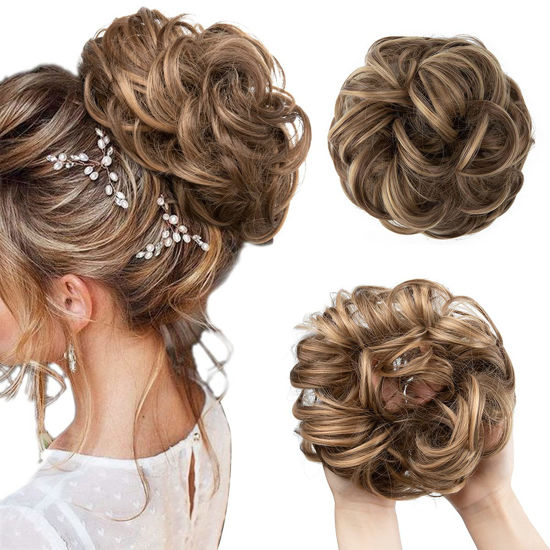 Picture of CJL HAIR Large Messy Bun Hair Piece Wavy Curly Scrunchies Synthetic Chignon Ponytail Hair Extensions Thick Updo Hairpieces for Women (Brunette/Honey Blonde)