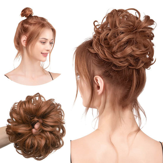 Picture of CJL HAIR Large Messy Bun Hair Piece Wavy Curly Scrunchies Synthetic Chignon Ponytail Hair Extensions Thick Updo Hairpieces for Women (Light Auburn)