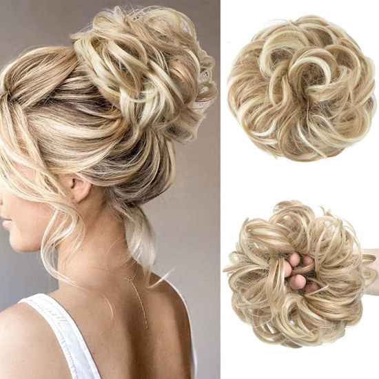 Picture of CJL HAIR Large Messy Bun Hair Piece Wavy Curly Scrunchies Synthetic Chignon Ponytail Hair Extensions Thick Updo Hairpieces for Women (Wavy, Curly, Dirty Blonde)