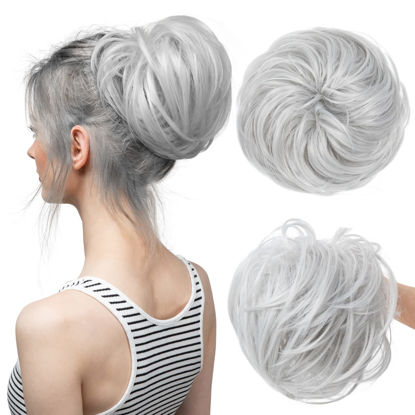 Picture of CJL HAIR Large Messy Bun Hair Piece Wavy Curly Scrunchies Synthetic Chignon Ponytail Hair Extensions Thick Updo Hairpieces for Women (Curly, Straight, Light Silver Grey/Gray)