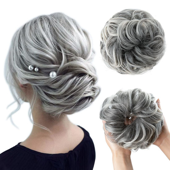 Picture of CJL HAIR Large Messy Bun Hair Piece Wavy Curly Scrunchies Synthetic Chignon Ponytail Hair Extensions Thick Updo Hairpieces for Women (Gray and White Tips)