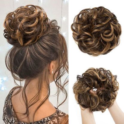 Picture of CJL HAIR Large Messy Bun Hair Piece Wavy Curly Scrunchies Synthetic Chignon Ponytail Hair Extensions Thick Updo Hairpieces for Women (Wavy, Curly, Dark Brown/Golden Blonde)