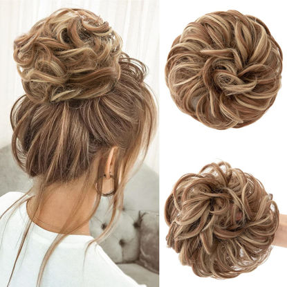 Picture of CJL HAIR Large Messy Bun Hair Piece Wavy Curly Scrunchies Synthetic Chignon Ponytail Hair Extensions Thick Updo Hairpieces for Women (Wavy, Curly, Medium Auburn/Ash Blonde)