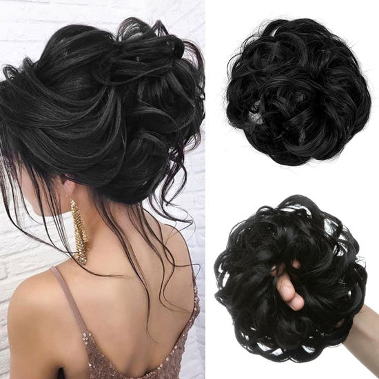 Picture of CJL HAIR Large Messy Bun Hair Piece Wavy Curly Scrunchies Synthetic Chignon Ponytail Hair Extensions Thick Updo Hairpieces for Women (Wavy, Curly, Jet Black)