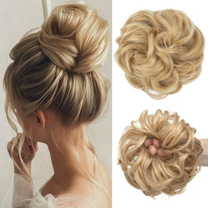 Picture of CJL HAIR Large Messy Bun Hair Piece Wavy Curly Scrunchies Synthetic Chignon Ponytail Hair Extensions Thick Updo Hairpieces for Women (Wavy, Curly, Light Honey Blonde)