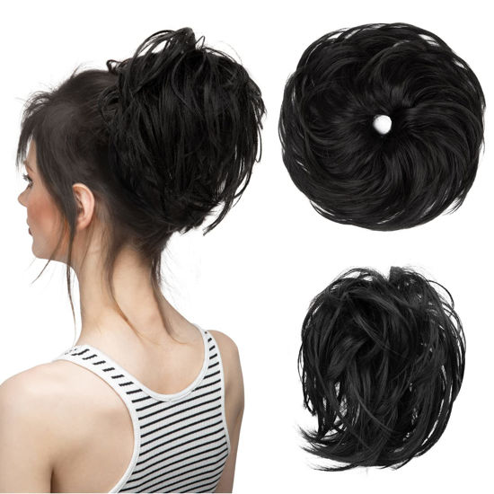 Picture of CJL HAIR Large Messy Bun Hair Piece Wavy Curly Scrunchies Synthetic Chignon Ponytail Hair Extensions Thick Updo Hairpieces for Women (Curly, Straight, Off Black)