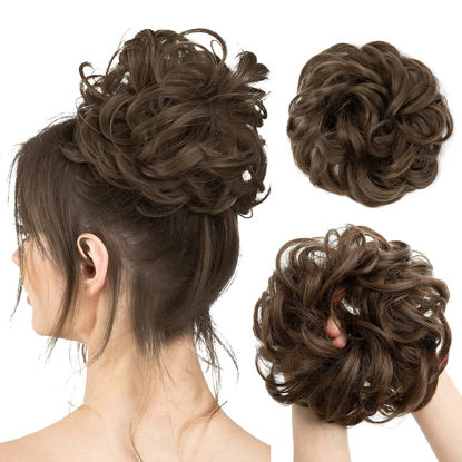 Picture of CJL HAIR Large Messy Bun Hair Piece Wavy Curly Scrunchies Synthetic Chignon Ponytail Hair Extensions Thick Updo Hairpieces for Women (Wavy, Curly, Medium Ash Brown)