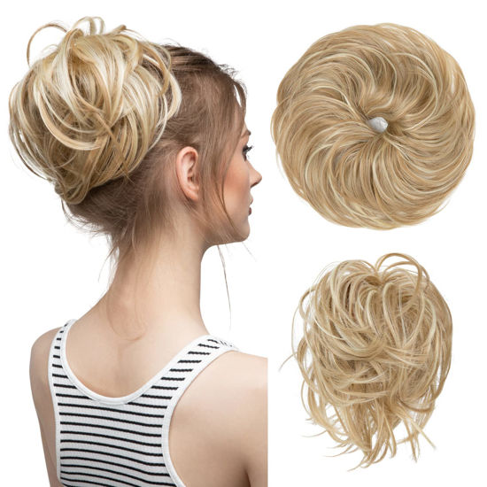 Picture of CJL HAIR Large Messy Bun Hair Piece Wavy Curly Scrunchies Synthetic Chignon Ponytail Hair Extensions Thick Updo Hairpieces for Women (Curly, Straight, Dirty Blonde)