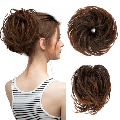 Picture of CJL HAIR Large Messy Bun Hair Piece Wavy Curly Scrunchies Synthetic Chignon Ponytail Hair Extensions Thick Updo Hairpieces for Women (Curly, Straight, Ginger Brown and Light Auburn Tips)