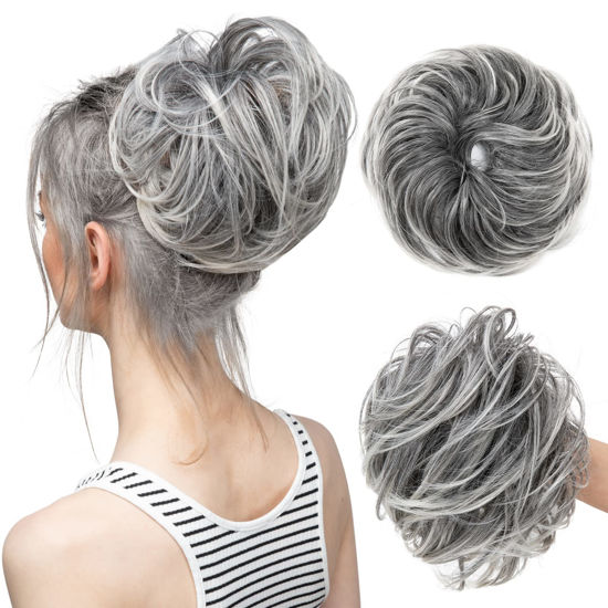 Picture of CJL HAIR Large Messy Bun Hair Piece Wavy Curly Scrunchies Synthetic Chignon Ponytail Hair Extensions Thick Updo Hairpieces for Women (Curly, Straight, Gray and White Tips)