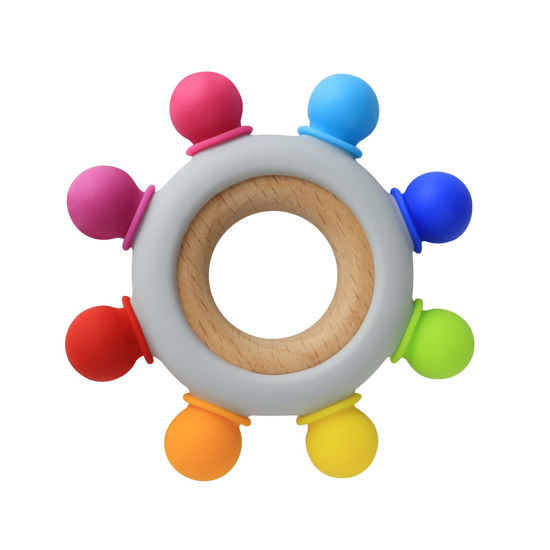 Picture of Arudyo Baby Teething Toys Silicone Teethers BPA Free Silicone Rudder with Wooden Ring Soothe Babies Gums (8 Directions - Rainbow)