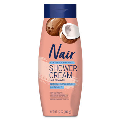 Picture of NAIR Sensitive Shower Cream Hair Remover with Natural Coconut Oil and Vitamin E, Body Hair Removal Cream for Women, 12 oz