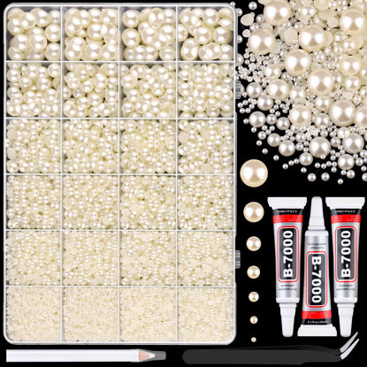 Picture of 11000Pcs Flatback Pearls for Crafting (Ivory White/Beige), Assorted Size 2/3/4/5/6/8/10mm Half Pearl with 3Pcs 10ml B7000 Jewelry Glue, Bedazzling Bead for DIY Crafts Clothing Tumblers Shoes Nail Art