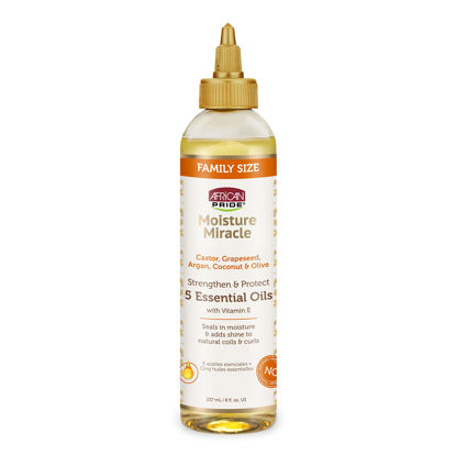 Picture of African Pride Moisture Miracle 5 Essential Hair Oils - Contains Castor, Grapeseed, Argan, Coconut & Olive Oil, Seals in Moisture & Adds Shine to Hair, Vitamin E, 8 oz