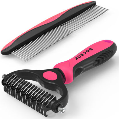 Picture of Docrok Pet Grooming Brush and Metal Comb Combo, Cat Brush Dog Brush for Shedding, Undercoat Rake for Dogs Grooming, Dematting Deshedding Brush Dogs Shedding Tool for Long matted Haired Pets, Pink