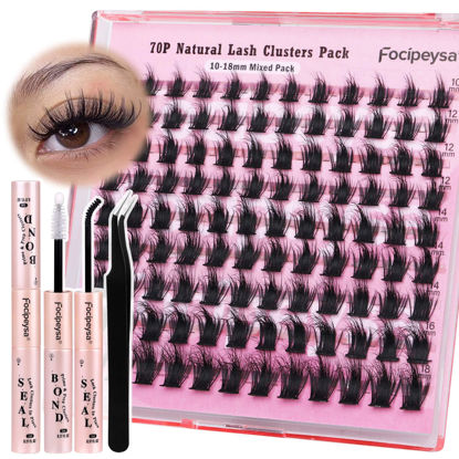 Picture of Focipeysa Lash Cluster Natural Look Individual Lashes,10-18mm DIY Lash Extension D Curl Lash Clusters 3D Wispy Lash Clusters Look Like Eyelash Extension DIY at Home（70P-D-10-18mix)