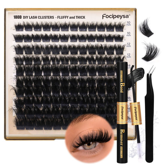 Picture of Eyelash Extension Kit Thick Lash Clusters Kit 10-18mm Fluffy Clusters Lashes 180D Individual Eyelashes Kit with Lash Bond, Lash Remover, Lash Applicator DIY Lash Extension for Beginners (180D-D Curl)