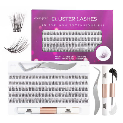 Picture of Individual Lashes 120 Cluster Lashes DIY Eyelash Extension Thin Band Wide Stem Lash Clusters with Applicator and Lash Bond and Seal Lash Extension Kit Mix 10-16mm Length C/D Curl - OP20