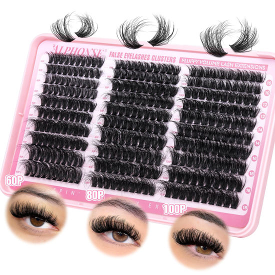 Picture of Fluffy Lash Clusters Thick Volume Lash Extension 10-18mm Cluster Eyelash Extensions DIY Individual Lashes Wispy at Home Pestañas Pelo a Pelo by ALPHONSE (60D+80D+100D, 300pcs)