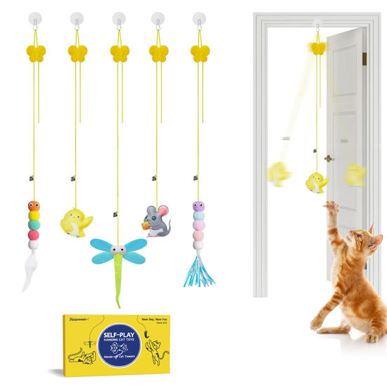 Picture of Potaroma Interactive Cat Feather Toys 5 Pcs, Cat Teaser Retractable, Hanging Cat Toys Indoor Kitten Play Chase Exercise, Mental Physical Stimulation for All Breeds and Species